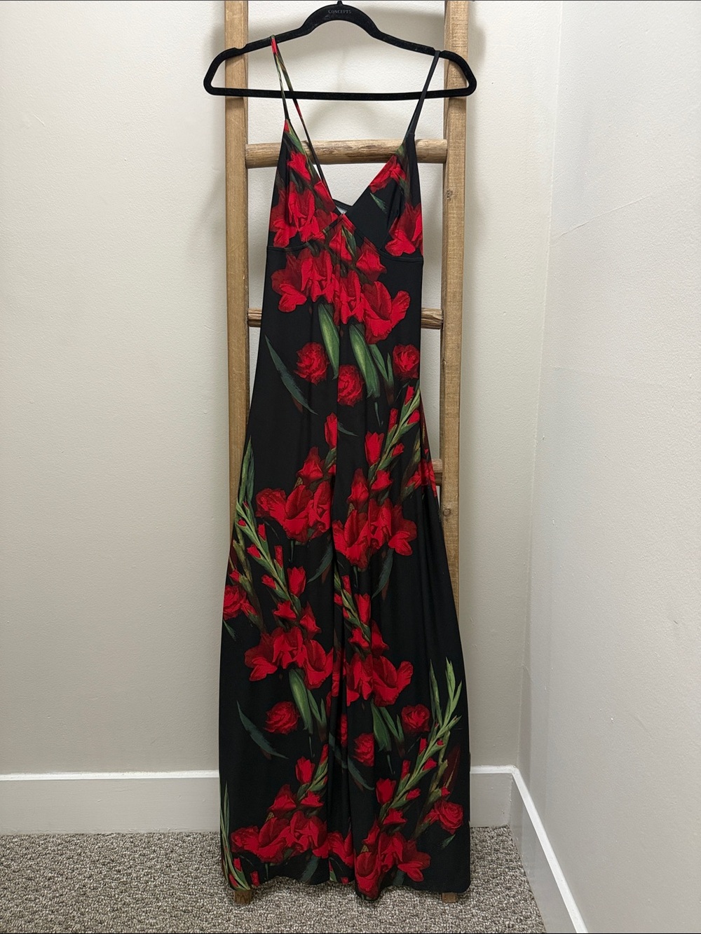 Floral V-Neck Black & Red Spaghetti-Strap Jumpsuit